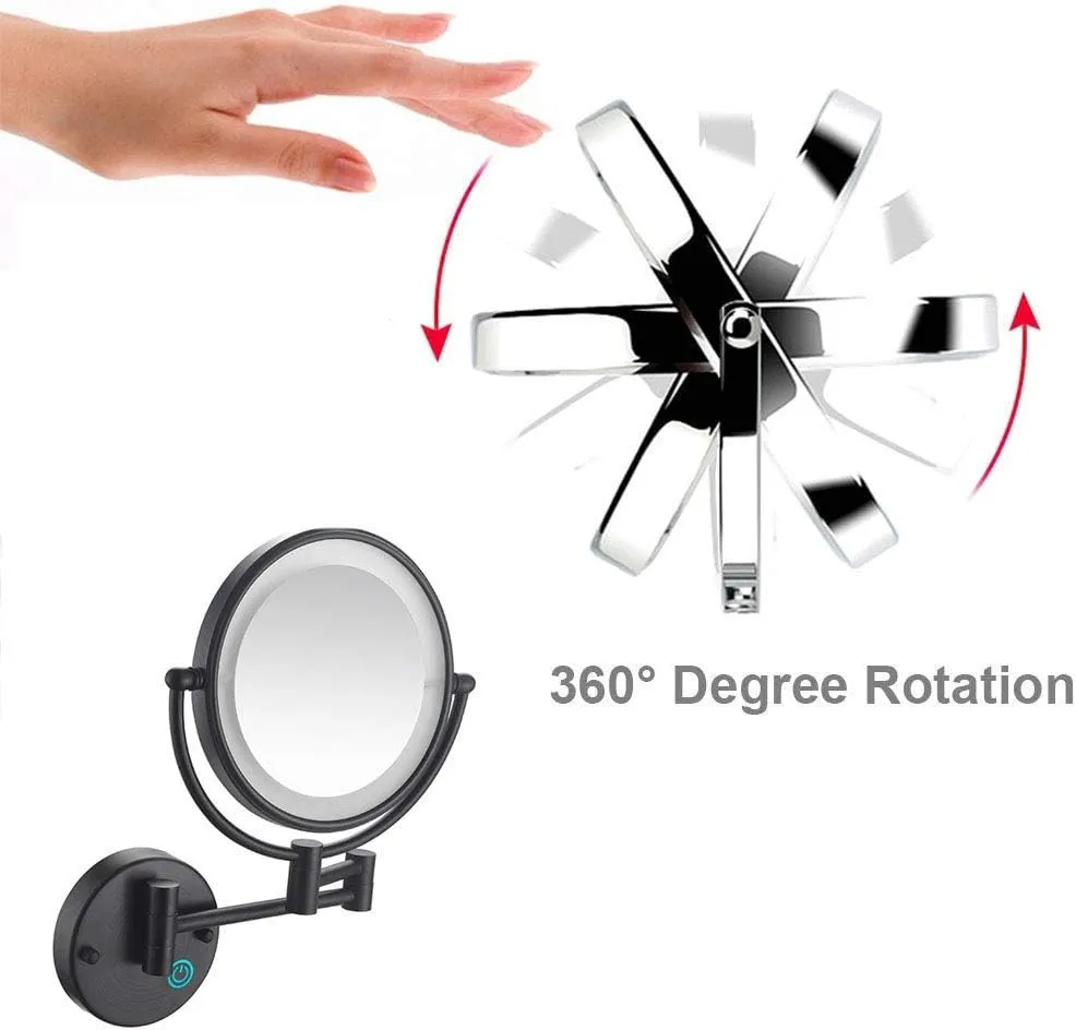 Wall Mounted Makeup Mirror with LDE Lights,8-Inch Two-Sided Swivel Wall Mount Mirror with Magnification,360 Degree Swivel,Extendable Arm,Round,for Bathroom(Matte Black,3X)