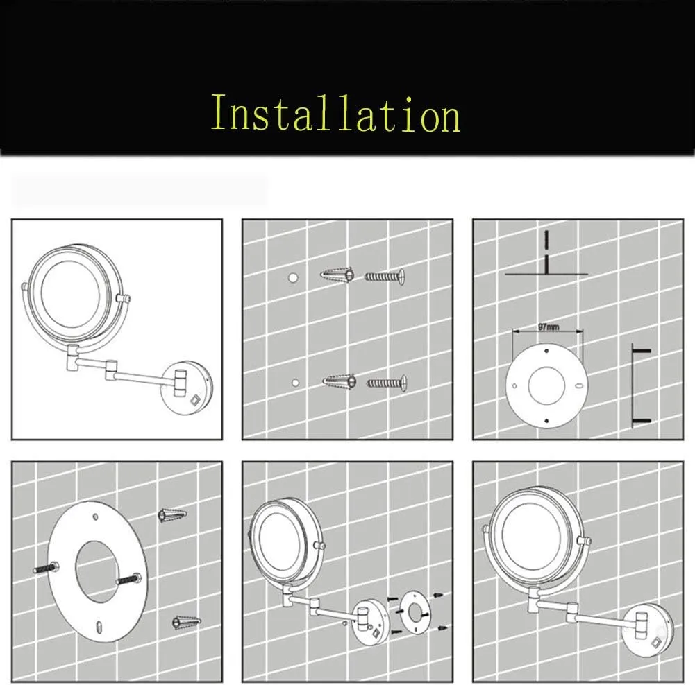 Wall Mounted Makeup Mirror with LDE Lights,8-Inch Two-Sided Swivel Wall Mount Mirror with Magnification,360 Degree Swivel,Extendable Arm,Round,for Bathroom(Matte Black,3X)