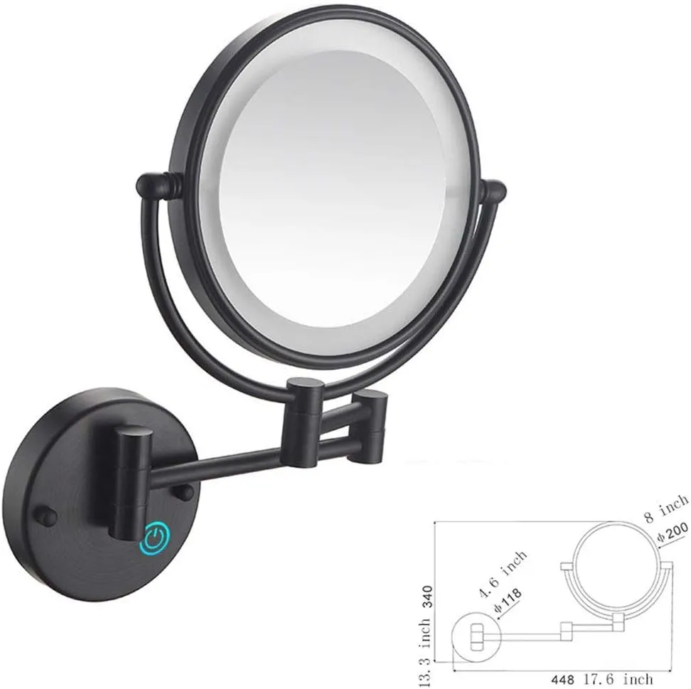 Wall Mounted Makeup Mirror with LDE Lights,8-Inch Two-Sided Swivel Wall Mount Mirror with Magnification,360 Degree Swivel,Extendable Arm,Round,for Bathroom(Matte Black,3X)