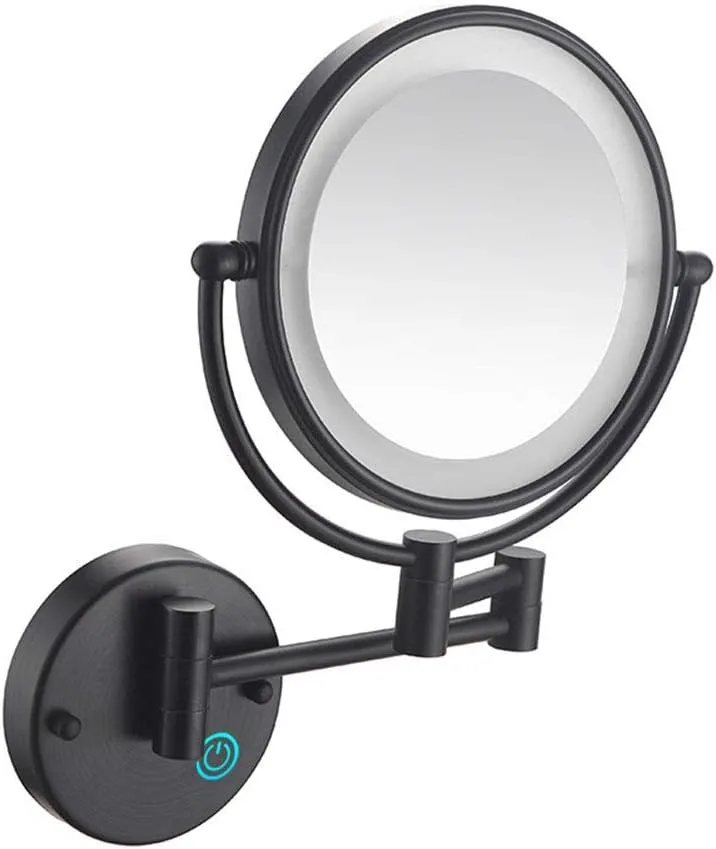 Wall Mounted Makeup Mirror with LDE Lights,8-Inch Two-Sided Swivel Wall Mount Mirror with Magnification,360 Degree Swivel,Extendable Arm,Round,for Bathroom(Matte Black,3X)