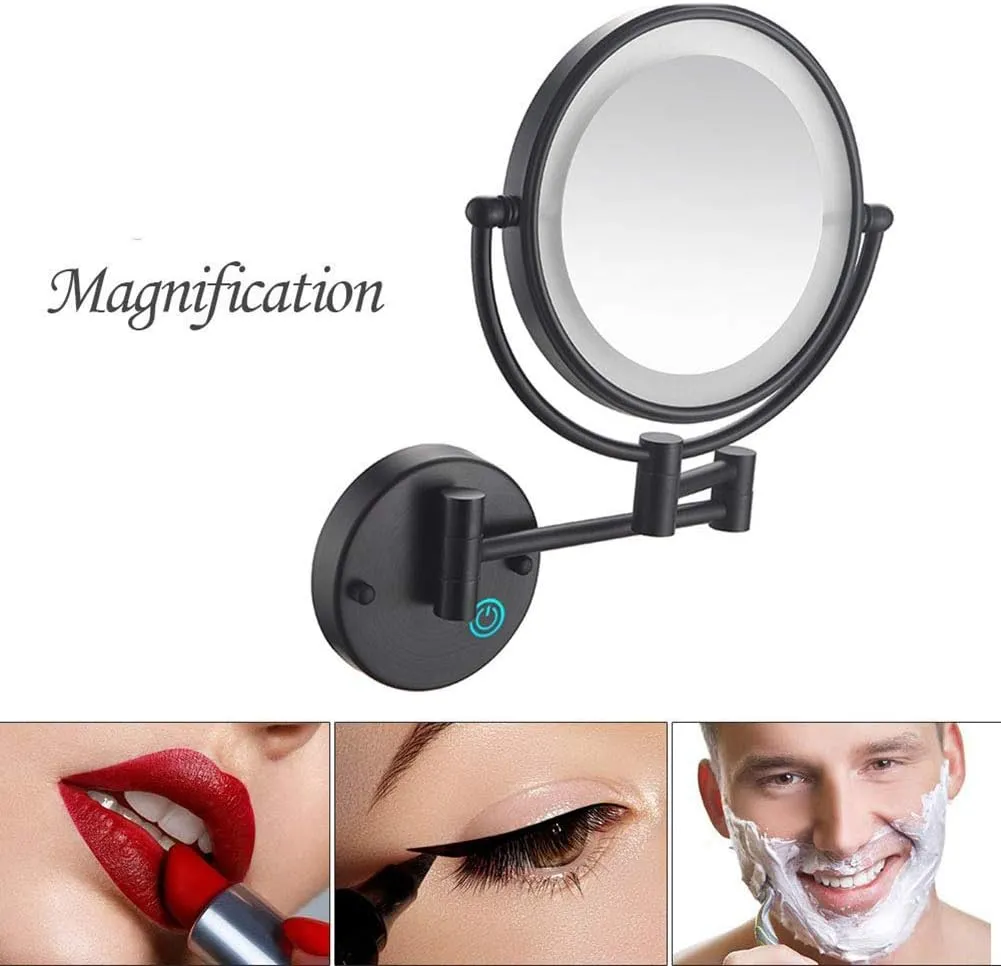 Wall Mounted Makeup Mirror with LDE Lights,8-Inch Two-Sided Swivel Wall Mount Mirror with Magnification,360 Degree Swivel,Extendable Arm,Round,for Bathroom(Matte Black,3X)