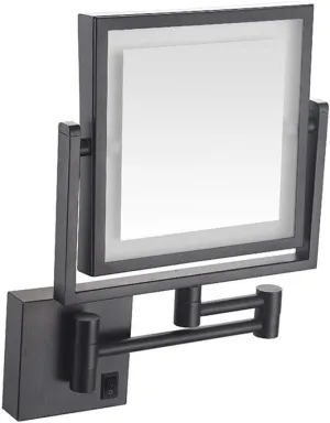 Wall Mounted Makeup Mirror with LED Lights, 8-Inch Two-Sided Swivel Wall Mount Mirror with 3X Magnification, 8.7-Inch Extension, 360 Degree Swivel, Square(Matte Black,Hardwired)