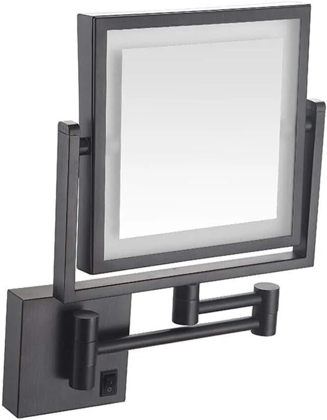 Wall Mounted Makeup Mirror with LED Lights, 8-Inch Two-Sided Swivel Wall Mount Mirror with 3X Magnification, 8.7-Inch Extension, 360 Degree Swivel, Square(Matte Black,Hardwired)