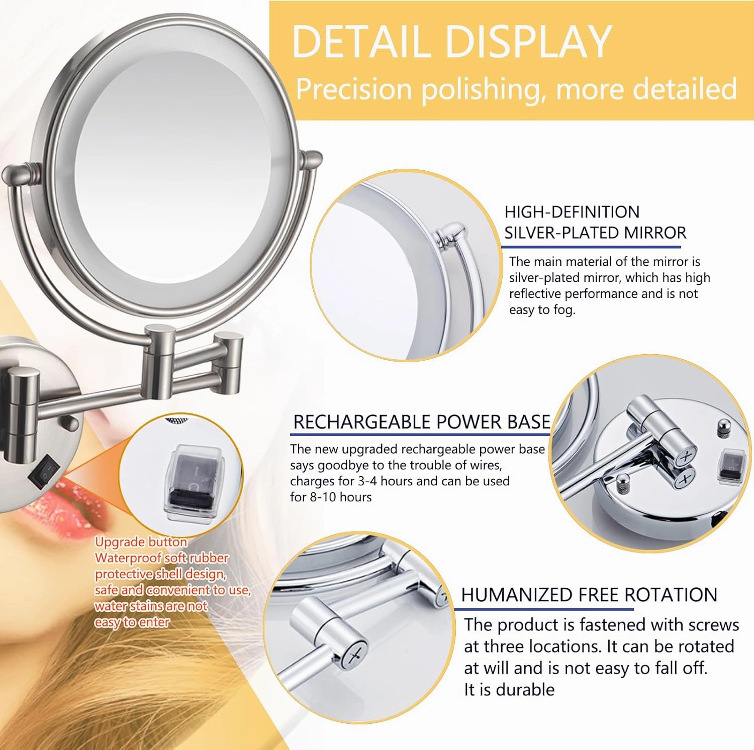 Wall Mount Magnifying Mirror with Light, LED Lighted/8 inches, Double Sided, Double-Sided Round Cosmetic Mirror with Light and Magnification, Retractable and Extension 360° Swivel Mirror