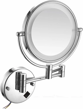 Wall Mount Magnifying Mirror with Light, LED Lighted/8 inches, Double Sided, Double-Sided Round Cosmetic Mirror with Light and Magnification, Retractable and Extension 360° Swivel Mirror
