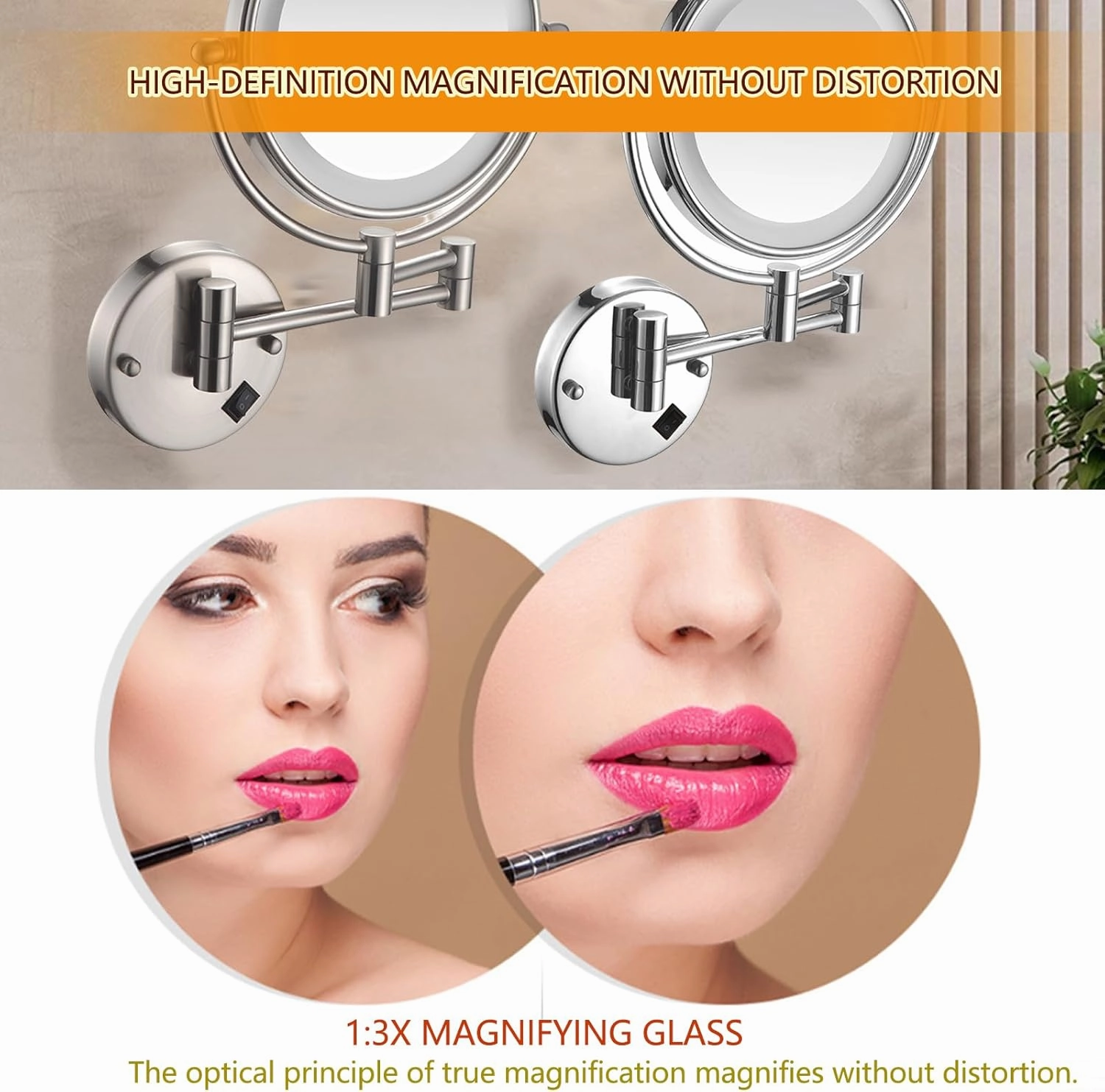Wall Mount Magnifying Mirror with Light, LED Lighted/8 inches, Double Sided, Double-Sided Round Cosmetic Mirror with Light and Magnification, Retractable and Extension 360° Swivel Mirror