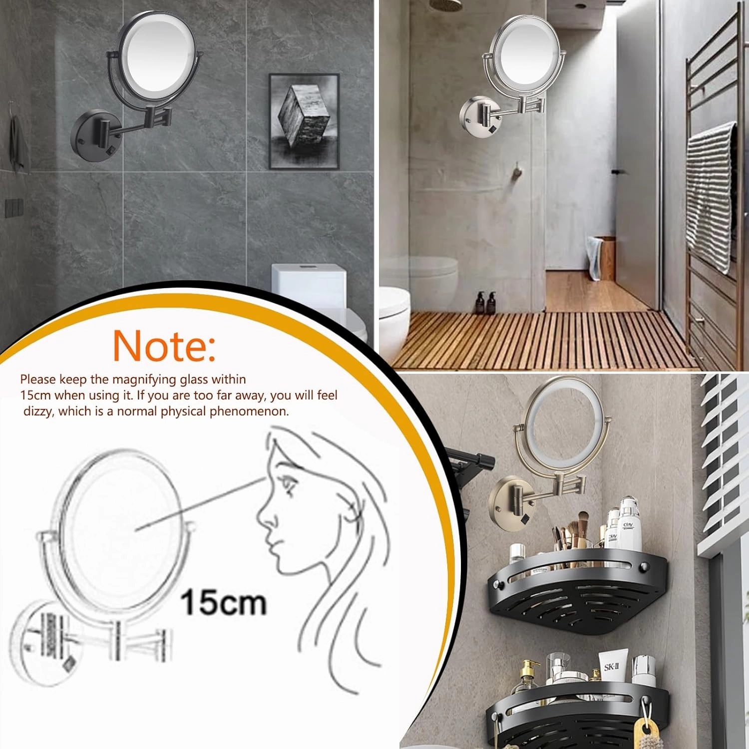 Wall Mount Magnifying Mirror with Light, LED Lighted/8 inches, Double Sided, Double-Sided Round Cosmetic Mirror with Light and Magnification, Retractable and Extension 360° Swivel Mirror