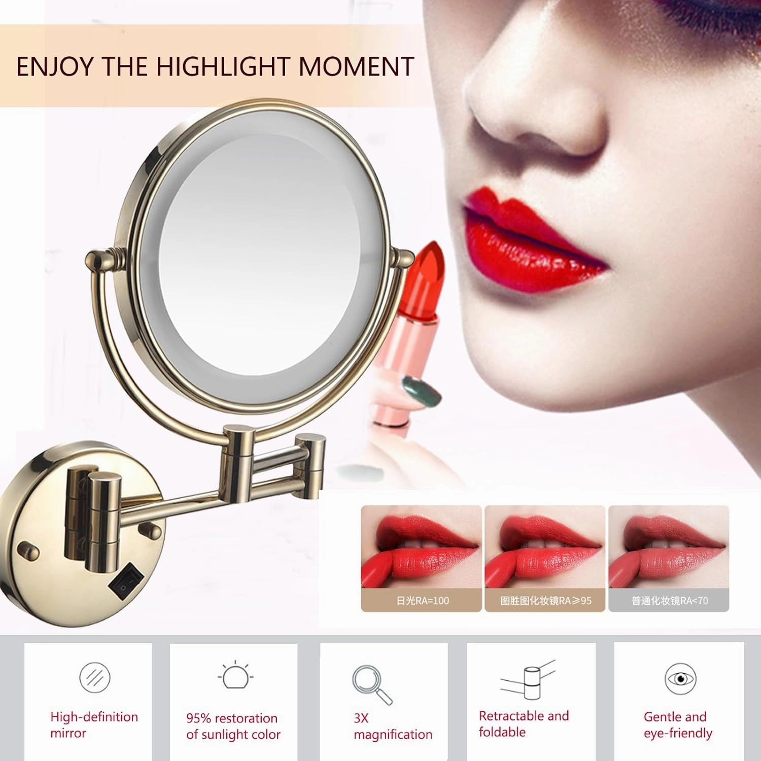 Wall Mount Magnifying Mirror with Light, LED Lighted/8 inches, Double Sided, Double-Sided Round Cosmetic Mirror with Light and Magnification, Retractable and Extension 360° Swivel Mirror