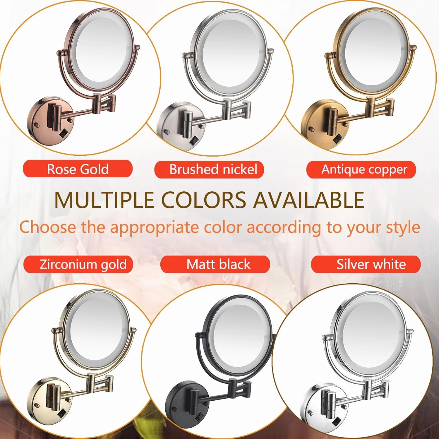 Wall Mount Magnifying Mirror with Light, LED Lighted/8 inches, Double Sided, Double-Sided Round Cosmetic Mirror with Light and Magnification, Retractable and Extension 360° Swivel Mirror