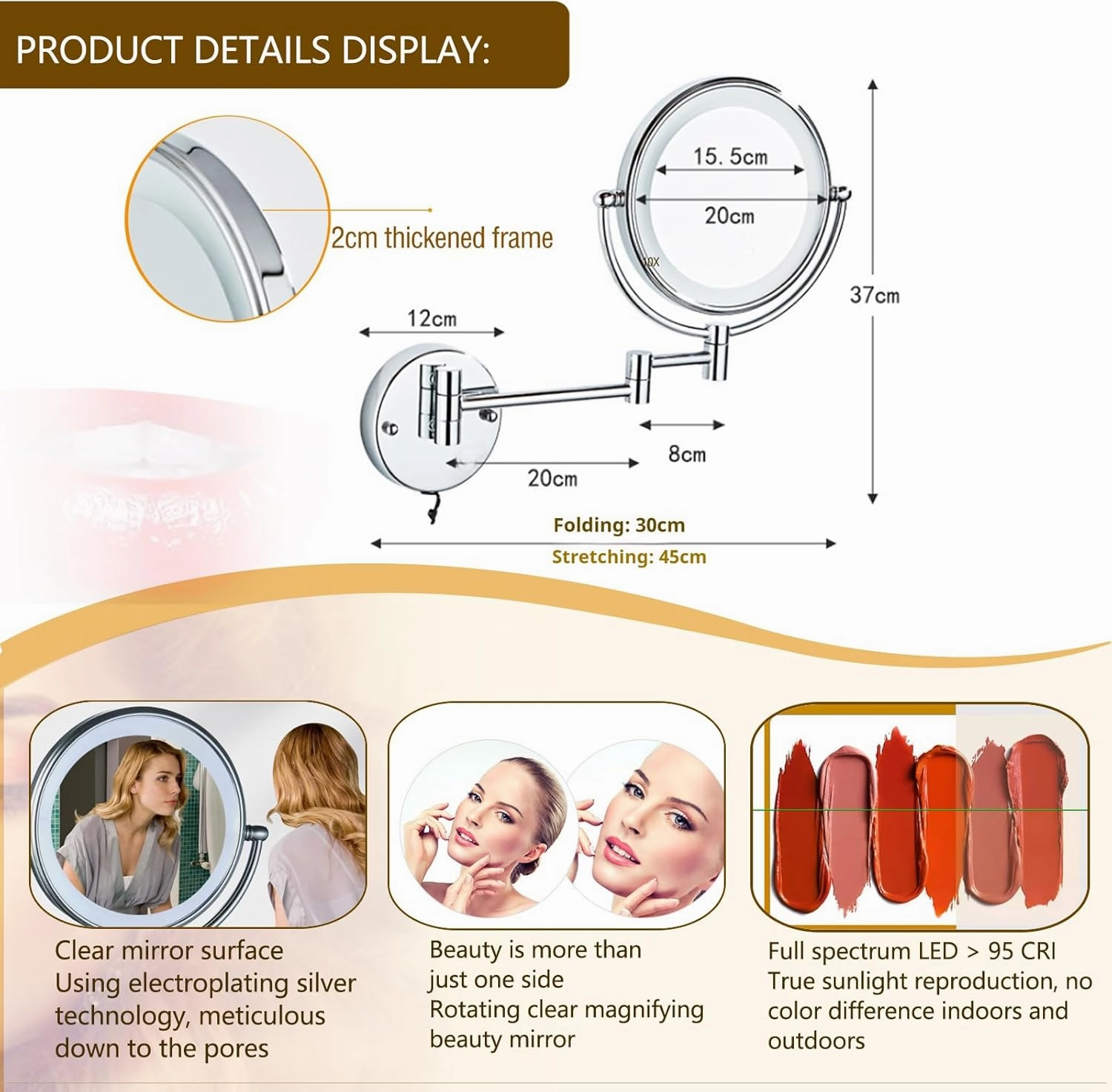 Wall Mount Magnifying Mirror with Light, LED Lighted/8 inches, Double Sided, Double-Sided Round Cosmetic Mirror with Light and Magnification, Retractable and Extension 360° Swivel Mirror