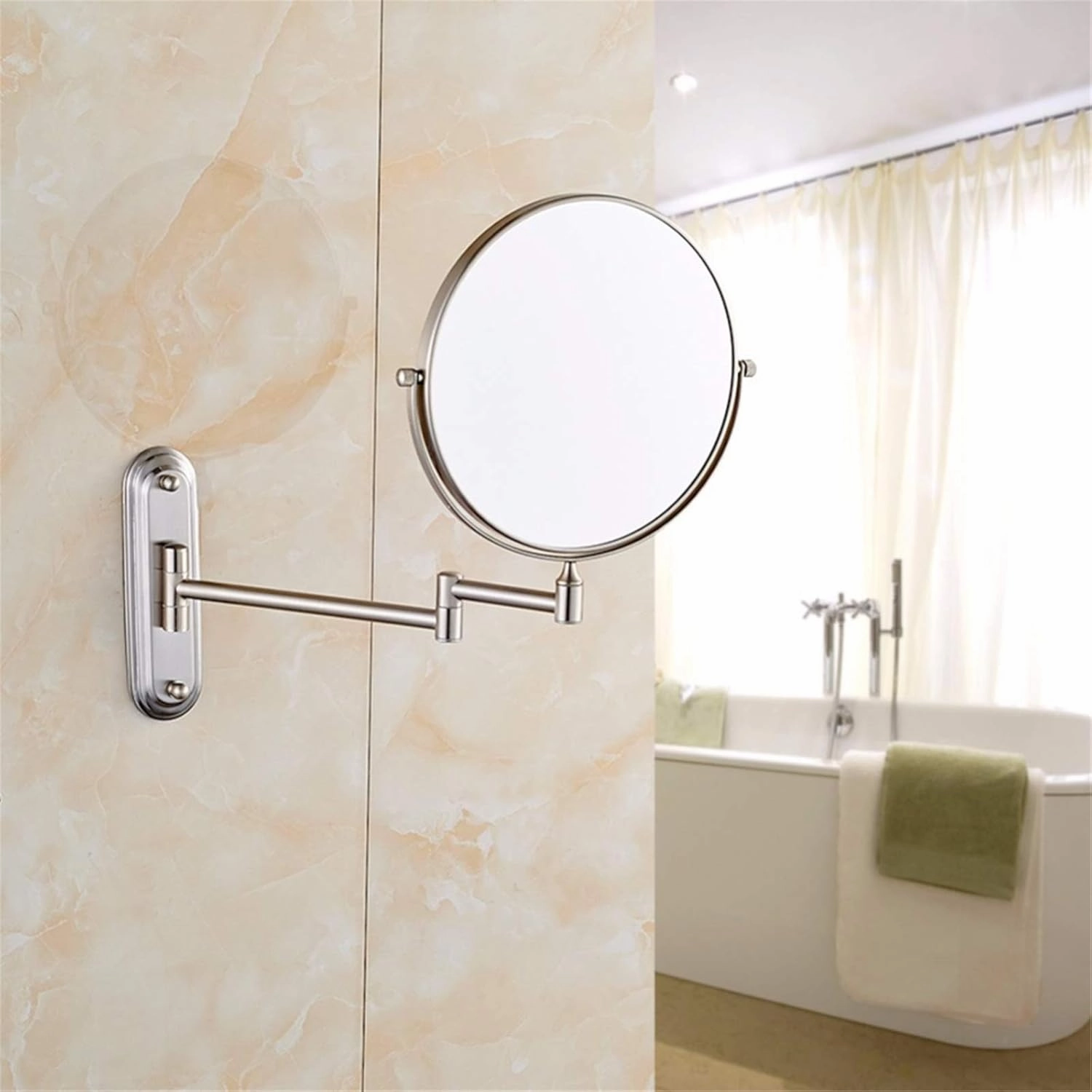 Wall Mounted 1X＆3X/5X/7X/10X Magnifying Makeup Mirror 8 Inch Double Sided Brass Extendable Arm Rotatable Shaving Vanity Mirrors for Bathroom Nickel 3X (Color : Bras(Nickel,3X)