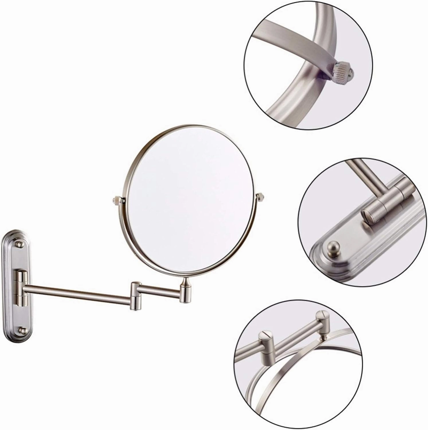 Wall Mounted 1X＆3X/5X/7X/10X Magnifying Makeup Mirror 8 Inch Double Sided Brass Extendable Arm Rotatable Shaving Vanity Mirrors for Bathroom Nickel 3X (Color : Bras(Nickel,3X)