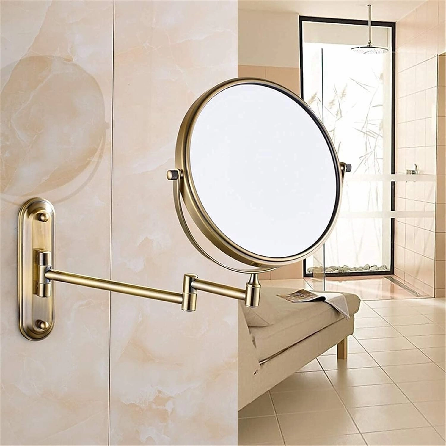 Wall-Mounted Makeup Mirror, 8 Inch Brass Magnifying Double Sided Shaving Mirror, Bathroom Extendable 360° Swivel Cosmetic Vanity Mirror (Brass 10X)