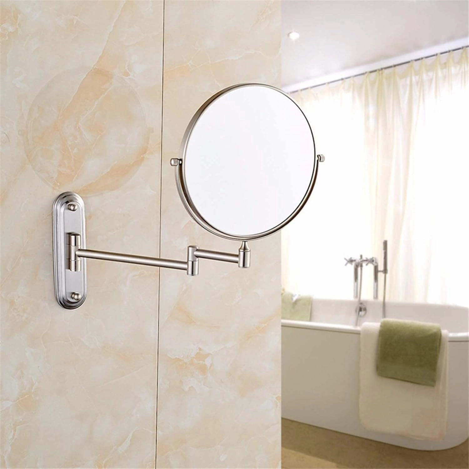 Wall-Mounted Makeup Mirror, 8 Inch Brass Magnifying Double Sided Shaving Mirror, Bathroom Extendable 360° Swivel Cosmetic Vanity Mirror(Nickel,10X)