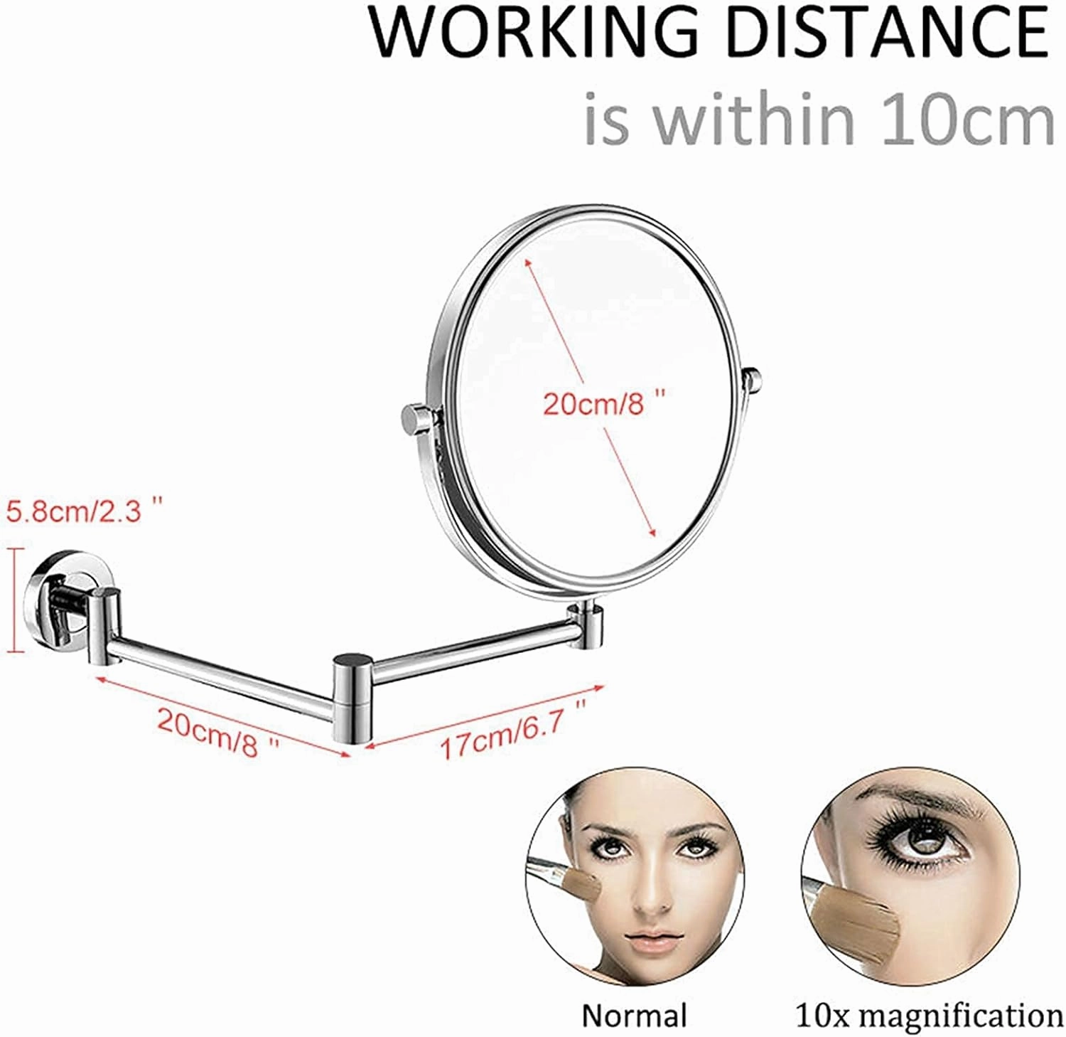 Wall-Mounted Makeup Mirror, 8 Inch Brass Magnifying Round Double Sided Shaving Mirror, Bathroom Extendable 360° Swivel Cosmetic Vanity Mirror(Chrome,10X)