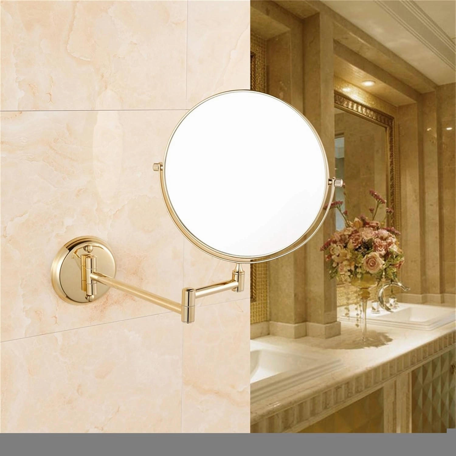 Wall-Mounted Makeup Mirror,8 inch Brass Magnifying Round Double Sided Shaving Mirror,Bathroom Folding 360°Swivel Cosmetic Vanity Mirror,Pink Gold,3X/Brass/5X