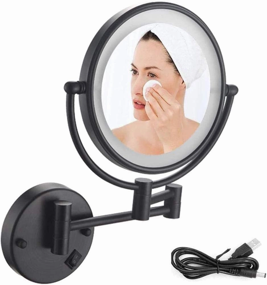 Wall Mounted Makeup Mirror Black, LED Lighted, 360° Swivel, USB Rechargeable, Double-Sided(5X)