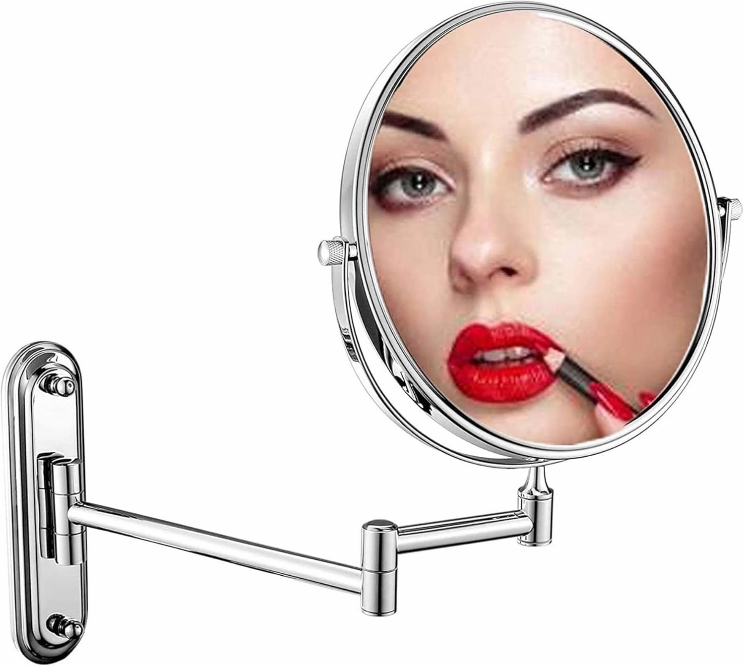 Wall Mounted Makeup Mirror with 360° Rotation, Extendable Arm, Dual-Sided 10X Magnification, Anti-Fog, Brushed Finish(Chrome,7X Magnification)