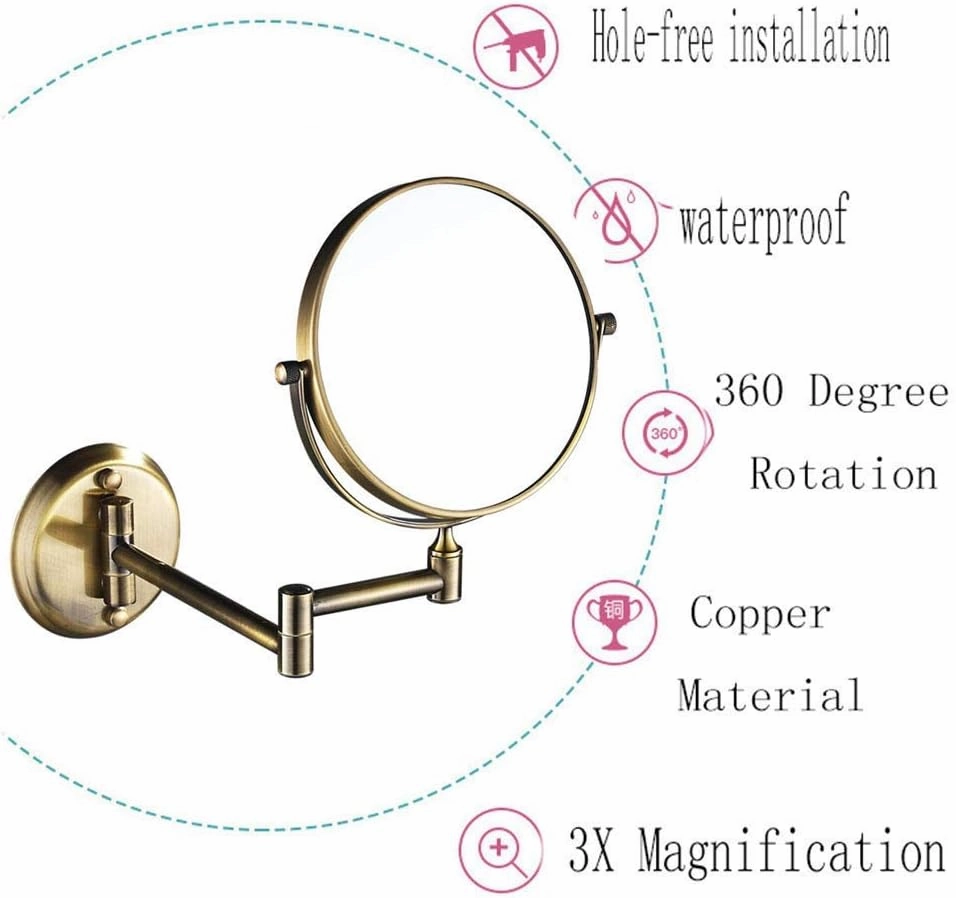Wall Mounted Makeup Mirror with 3X Magnification, Makeup Mirror for Girls, 6 Inches, 360 Degree Swivel, Two-Sided Extendable, Bathroom and Hotel, Chrome Finish, Made of Brass(Antique Copper)