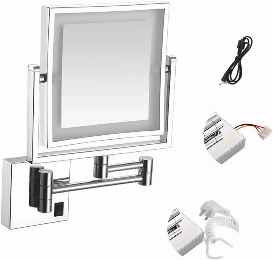 Wall Mounted Makeup Mirror with LED Lights, 8-Inch Two-Sided Swivel Wall Mount Mirror with 3X Magnification, 8.7-Inch Extension, 360 Degree Swivel, Square(Bright Silver,Hardwired)