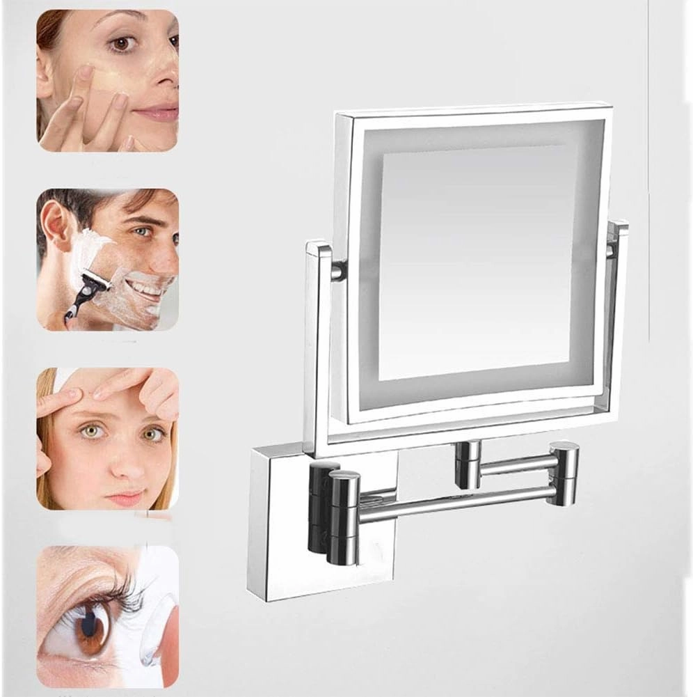 Wall Mounted Makeup Mirror with LED Lights, 8-Inch Two-Sided Swivel Wall Mount Mirror with 3X Magnification, 8.7-Inch Extension, 360 Degree Swivel, Square(Bright Silver,USB)