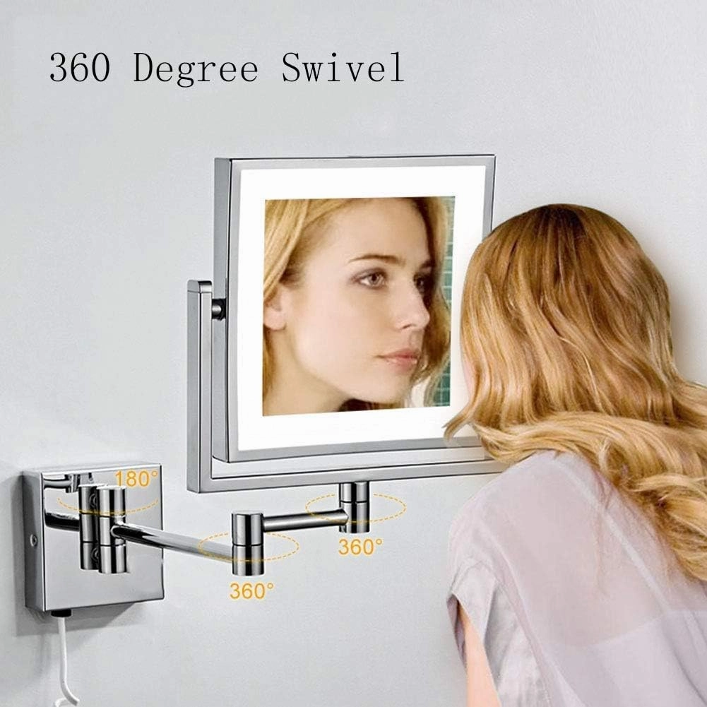 Wall Mounted Makeup Mirror with LED Lights, 8-Inch Two-Sided Swivel Wall Mount Mirror with 3X Magnification, 8.7-Inch Extension, 360 Degree Swivel, Square(Bright Silver,USB)