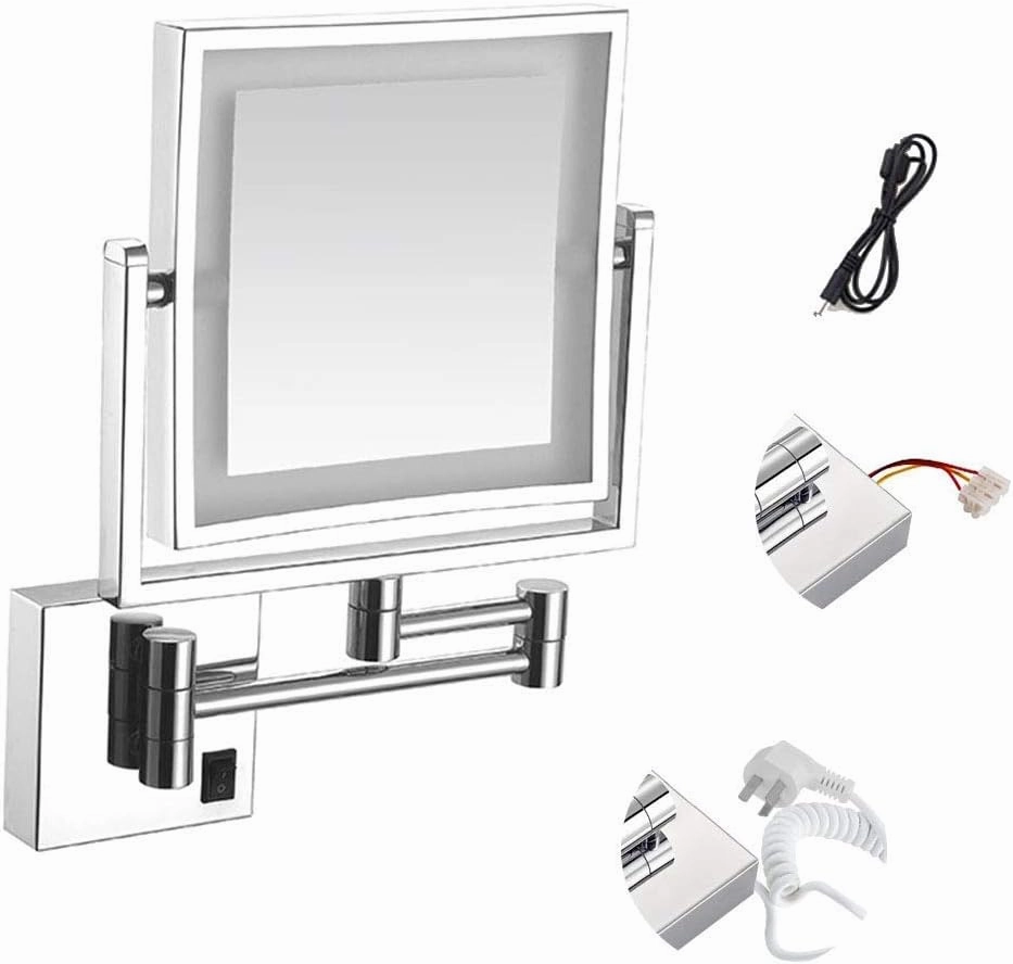 Wall Mounted Makeup Mirror with LED Lights, 8-Inch Two-Sided Swivel Wall Mount Mirror with 3X Magnification, 8.7-Inch Extension, 360 Degree Swivel, Square(Bright Silver,USB)