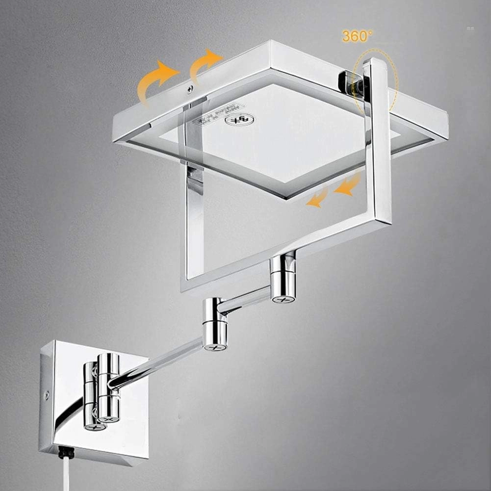 Wall Mounted Makeup Mirror with LED Lights, 8-Inch Two-Sided Swivel Wall Mount Mirror with 3X Magnification, 8.7-Inch Extension, 360 Degree Swivel, Square(Bright Silver,USB)
