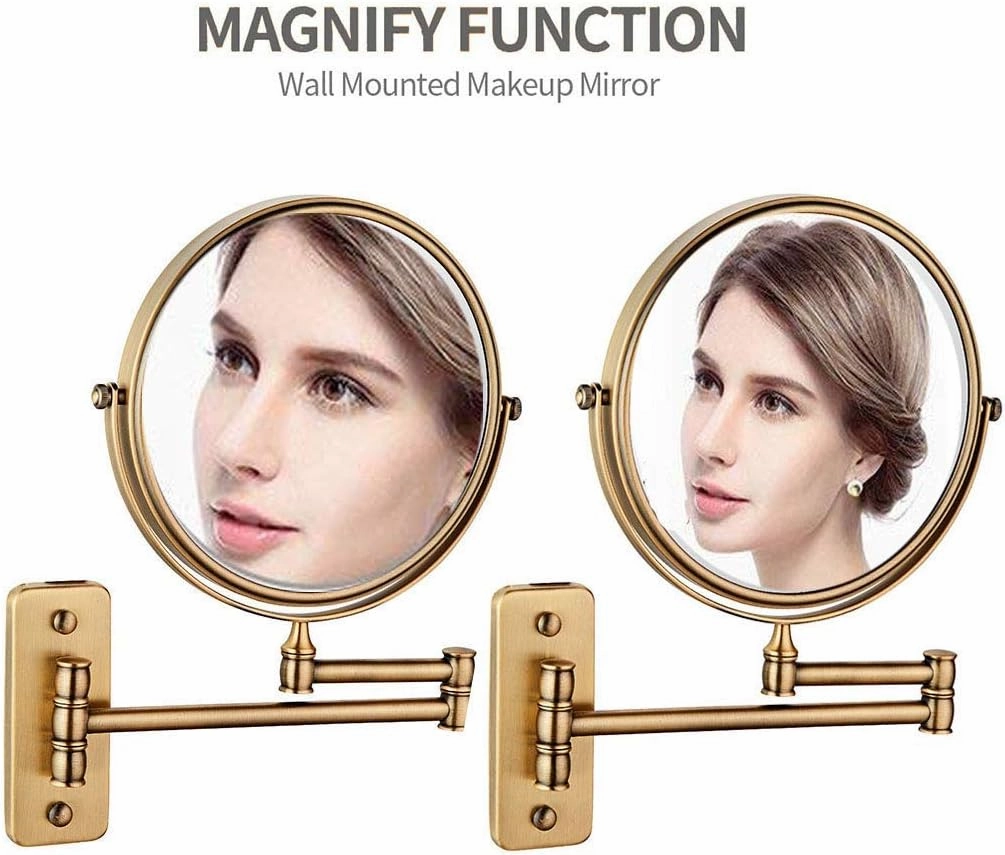 Wall Mounted Makeup Mirror with Magnification, 360 Degree Swivel Rotation with Distortion Free View, Two-Sided Extendable, Stainless Steel, for Bathroom(Antique Color,7X)