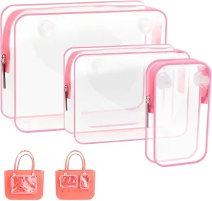 WALLFID 3PCS Waterproof Clear Insert Bag for X Large Bogg Bag Accessories,Waterproof Design,Transparent Travel Toiletry Brush Organizer for Beach Tote Bag,Three Sizes a Set (Pink)