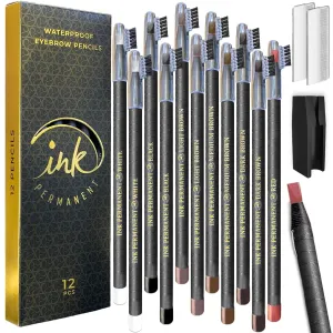 Waterproof Eyebrow Mapping Pencils for Permanent Makeup, Microblading, and Blades Henna Applications 12 Piece Brow Mapping Peel Off Pencil Set with Shaper/Sharpener (Mix)