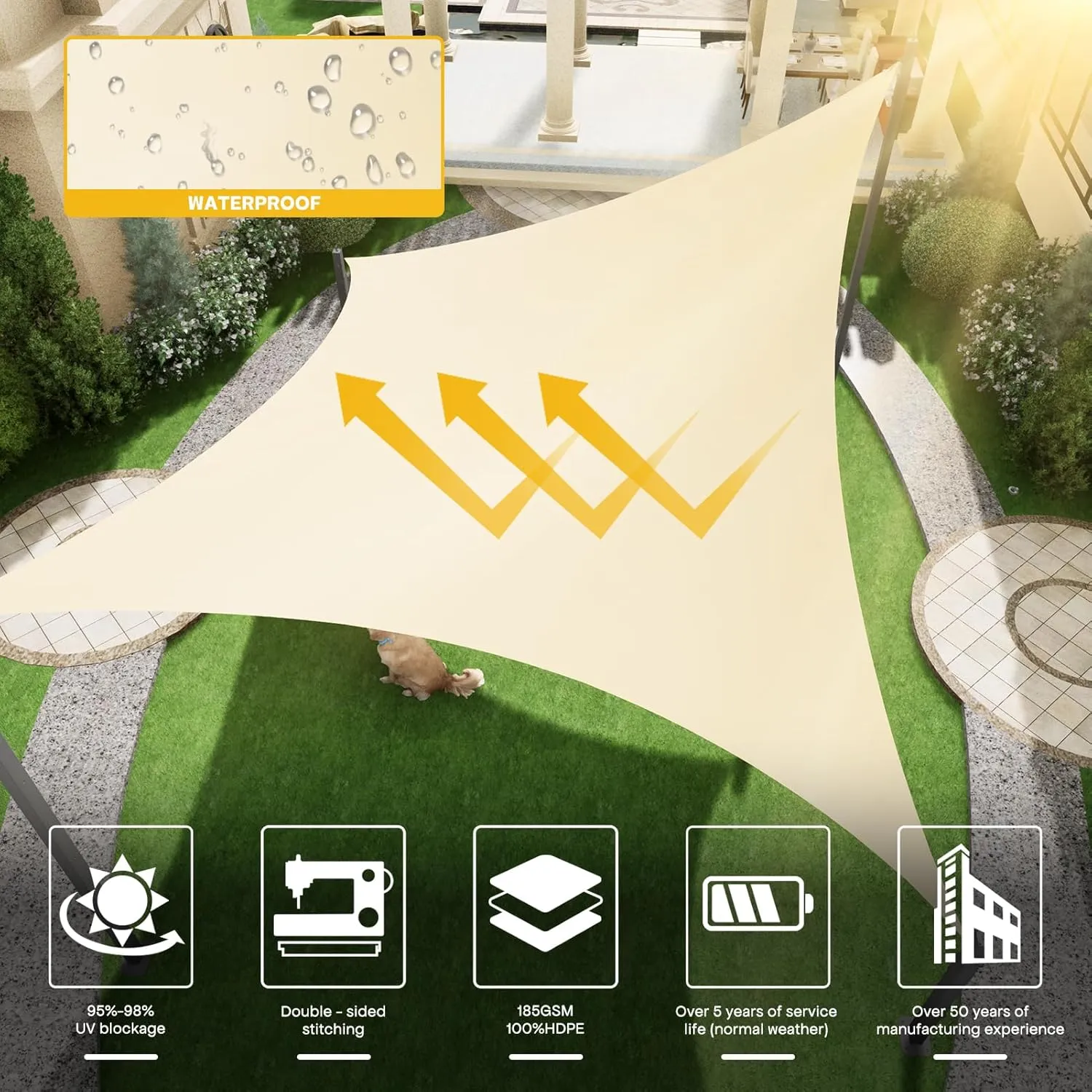 Waterproof Sun Shade Sail, 10' x 13' 95% UV Block Sun Shade Canopy Rectangle Outdoor Shade Cover, Awning Shelter for Outdoor Patio Garden Backyard, Customizable（Sand）
