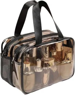 WEISIPU Large Waterproof Clear Travel Bag for Toiletries - Transparent Makeup Bag with Double Zipper Design - TSA Compliant Carry-On for Men and Women - Stylish Black Trim