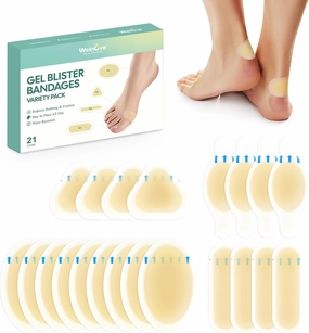 Welnove Gel Blister Bandages for Feet - 21ct Blister Cushion for Heel, Toe - Water-Resistant Hydrocolloid Bandages - Blister Pads for Prevention & Recovery