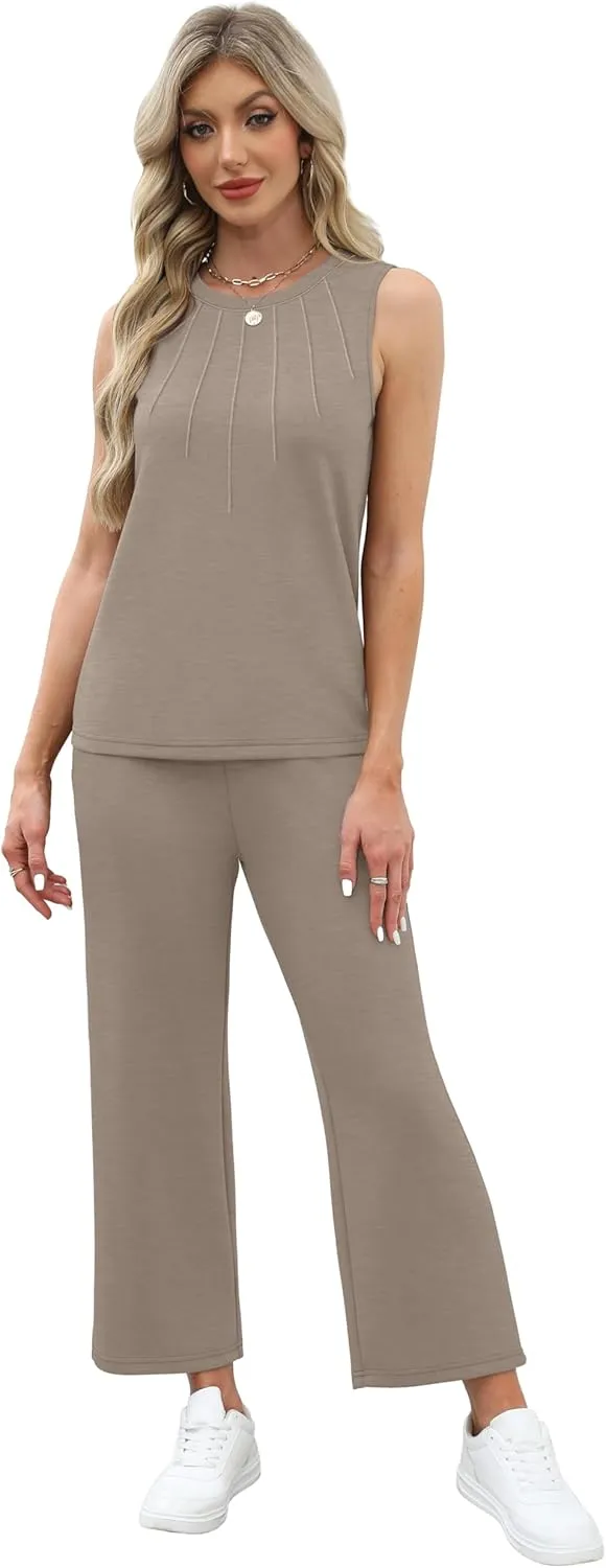 WIHOLL Two Piece Sets for Women Summer Vacation Travel Outfits Pleated Tank Top Wide Leg Crop Pants Matching Lounge Sets
