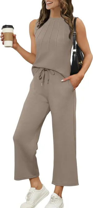 WIHOLL Two Piece Sets for Women Summer Vacation Travel Outfits Pleated Tank Top Wide Leg Crop Pants Matching Lounge Sets