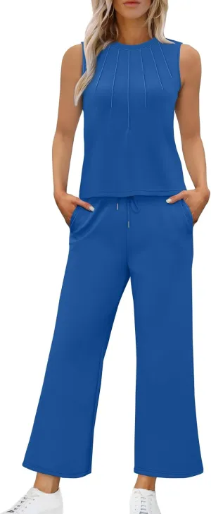 WIHOLL Two Piece Sets for Women Summer Vacation Travel Outfits Pleated Tank Top Wide Leg Crop Pants Matching Lounge Sets