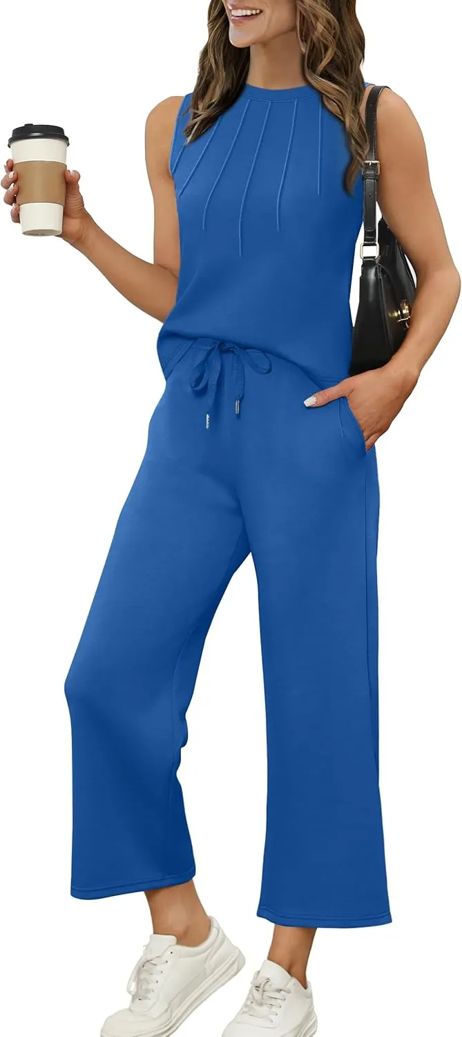 WIHOLL Two Piece Sets for Women Summer Vacation Travel Outfits Pleated Tank Top Wide Leg Crop Pants Matching Lounge Sets