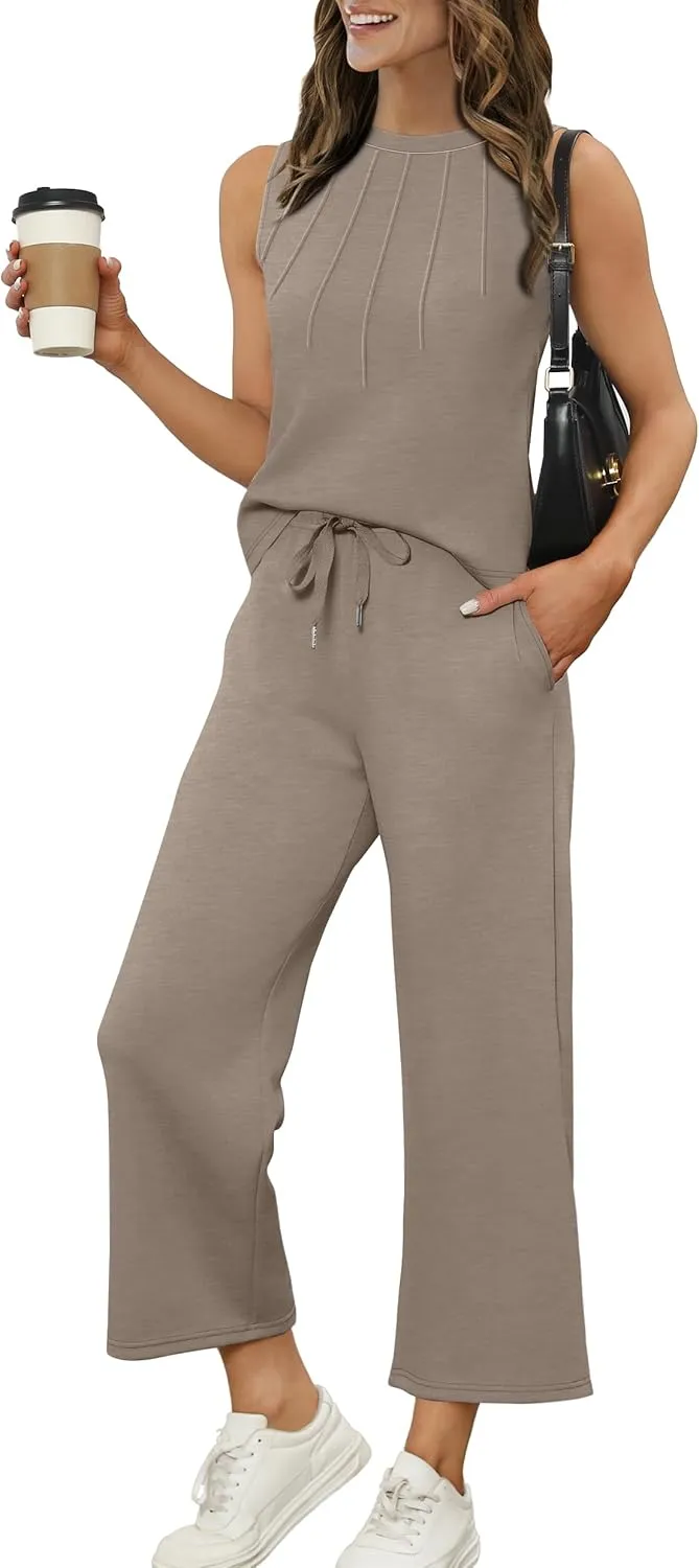 WIHOLL Two Piece Sets for Women Summer Vacation Travel Outfits Pleated Tank Top Wide Leg Crop Pants Matching Lounge Sets