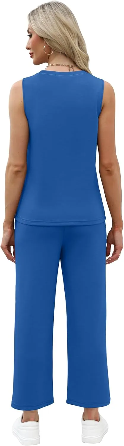 WIHOLL Two Piece Sets for Women Summer Vacation Travel Outfits Pleated Tank Top Wide Leg Crop Pants Matching Lounge Sets