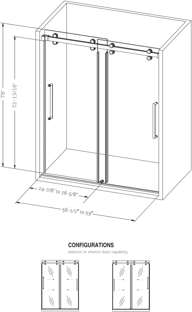 Windsor 56.5-60" W x 78" High 3/8" Twinglide Frameless Shower Door with 10mm Low Iron Tempered Glass (Satin Gold/Satin Brass - Low Iron Glass)