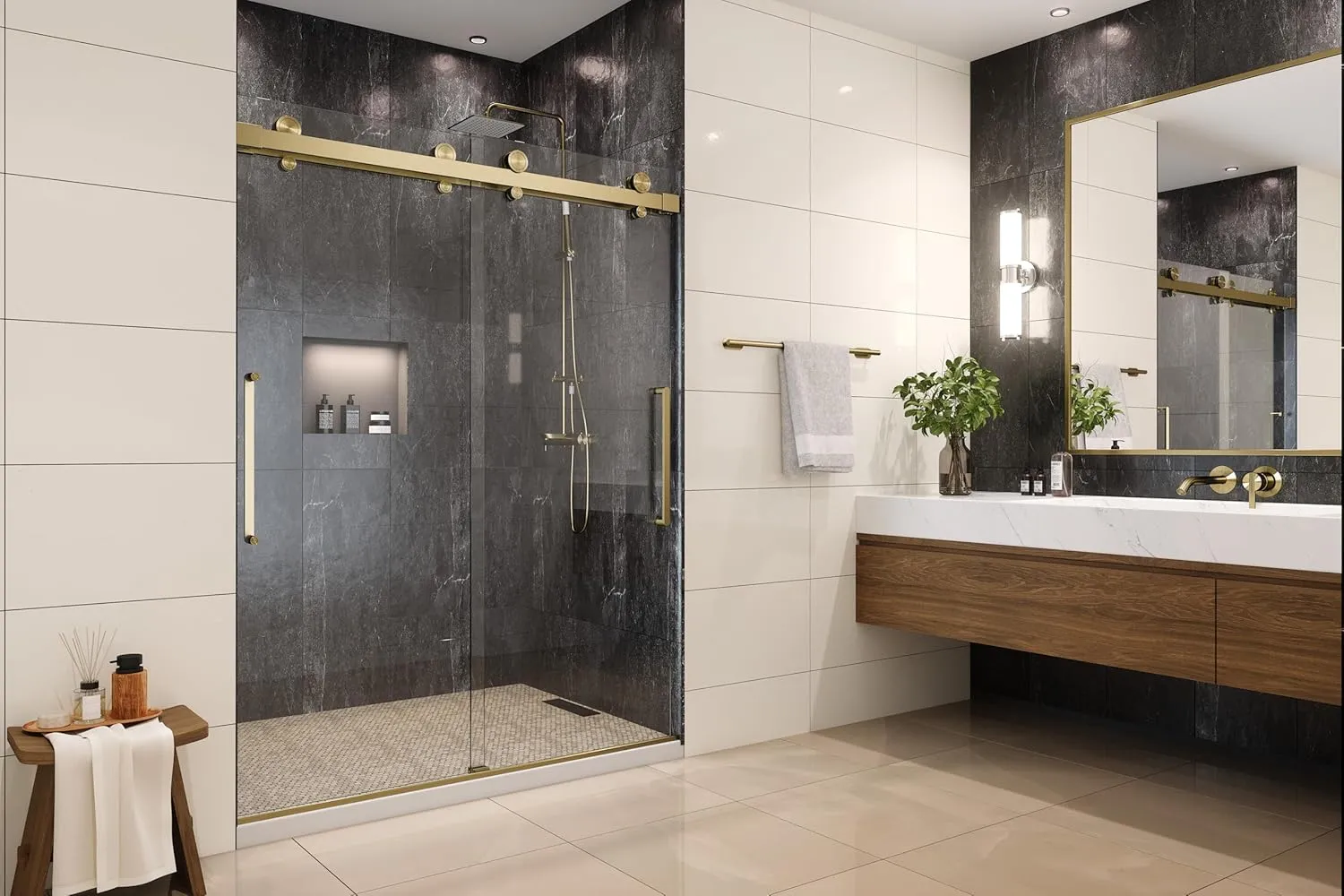 Windsor 56.5-60" W x 78" High 3/8" Twinglide Frameless Shower Door with 10mm Low Iron Tempered Glass (Satin Gold/Satin Brass - Low Iron Glass)