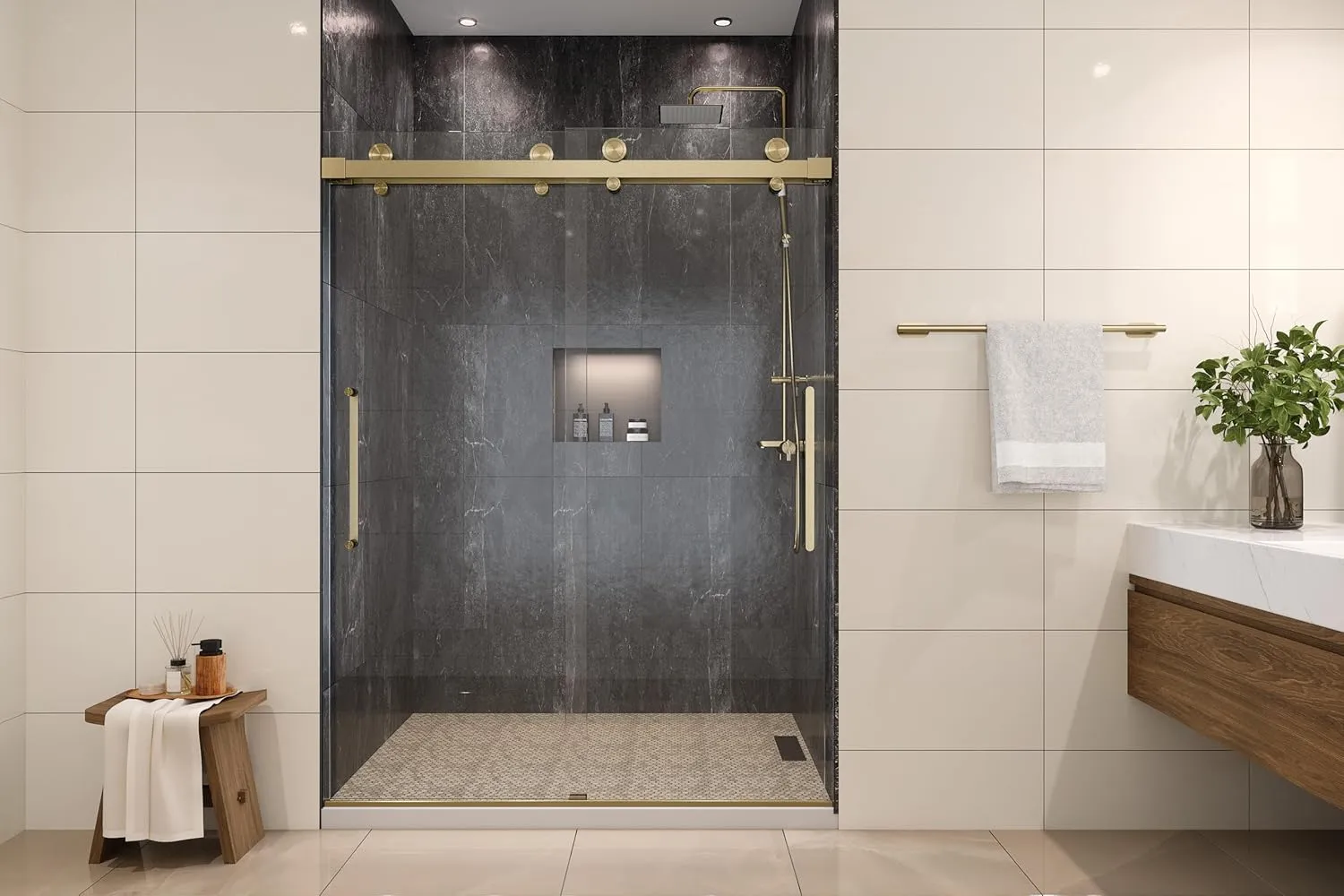 Windsor 56.5-60" W x 78" High 3/8" Twinglide Frameless Shower Door with 10mm Low Iron Tempered Glass (Satin Gold/Satin Brass - Low Iron Glass)