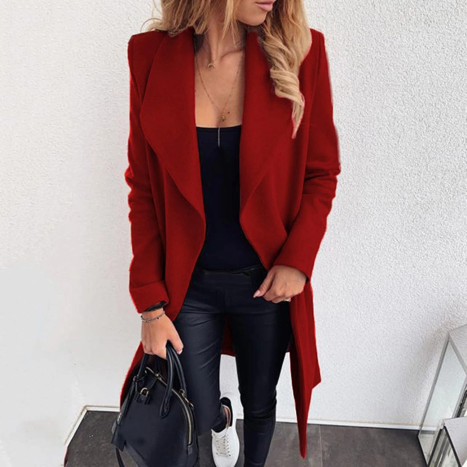 Women Trench Coat 2023 Solid Color Open Front Lapel Outerwear Coat Slim Fit Casual Jacket Fashion Winter Cardigan Tops