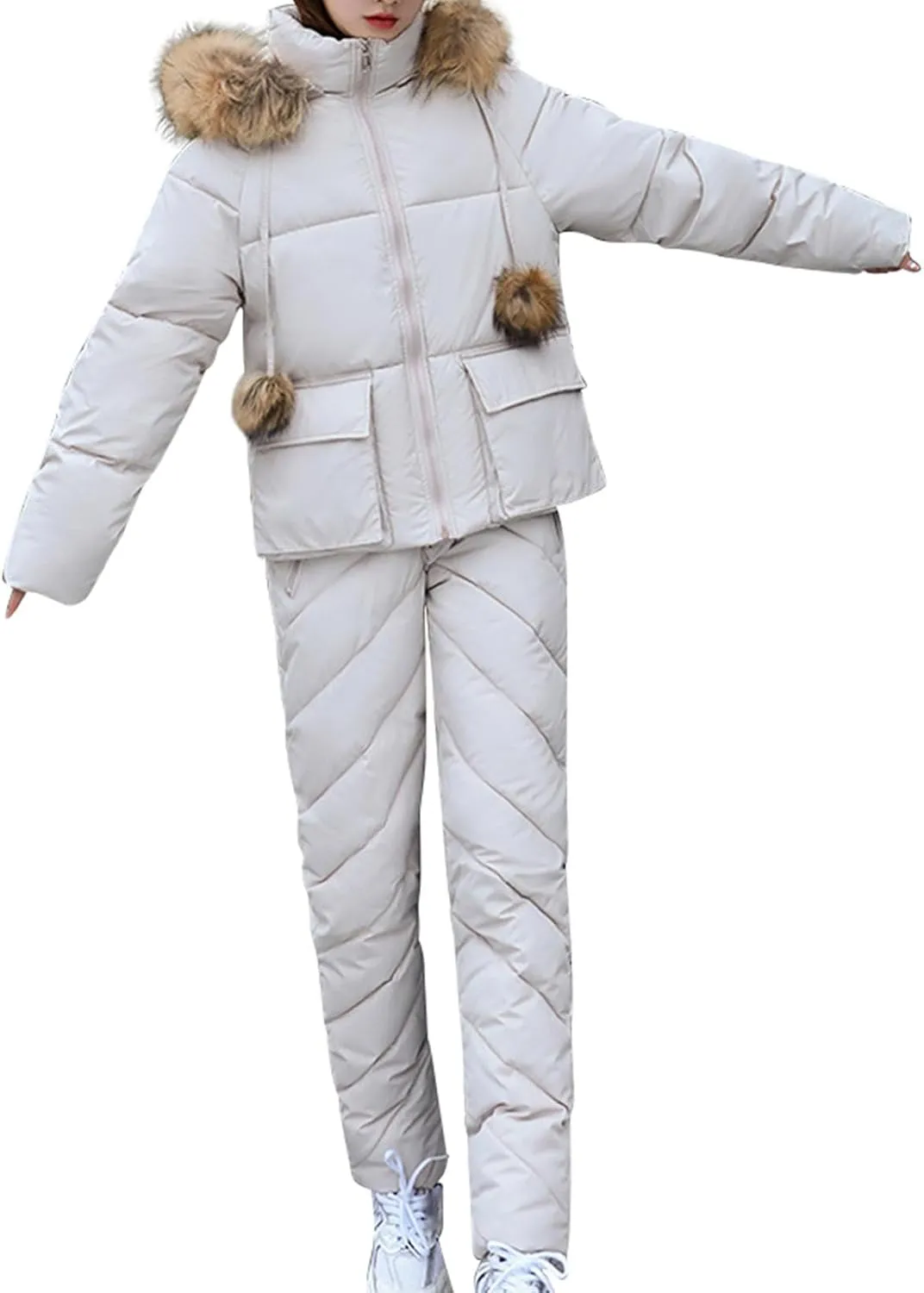 Womens Ski Sets 2 Piece Outfits Waterproof Winter Snowboarding Ski Suit Warm Hooded Snow Coat Windproof Snowsuits
