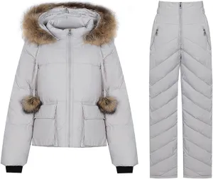 Womens Ski Sets 2 Piece Outfits Waterproof Winter Snowboarding Ski Suit Warm Hooded Snow Coat Windproof Snowsuits