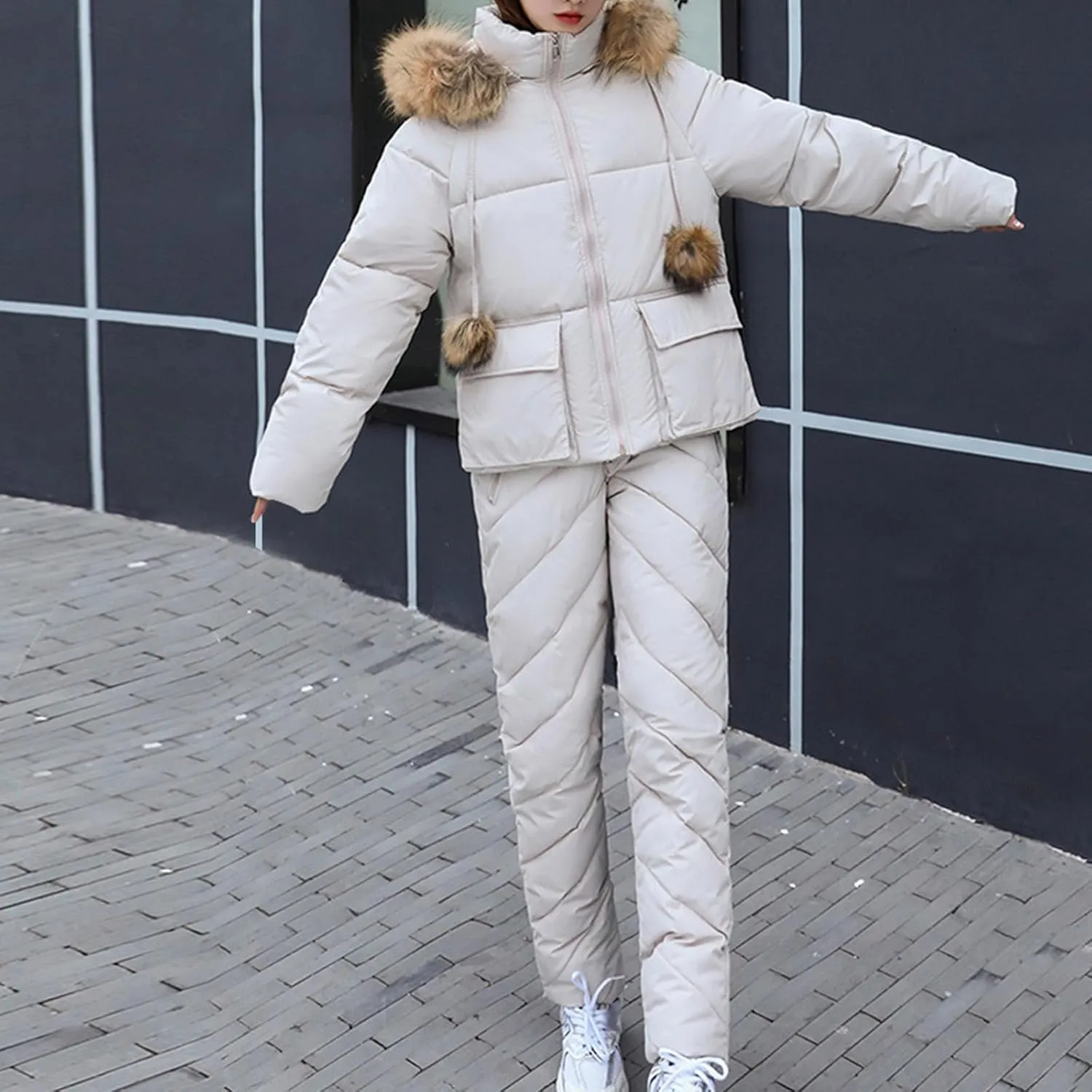 Womens Ski Sets 2 Piece Outfits Waterproof Winter Snowboarding Ski Suit Warm Hooded Snow Coat Windproof Snowsuits