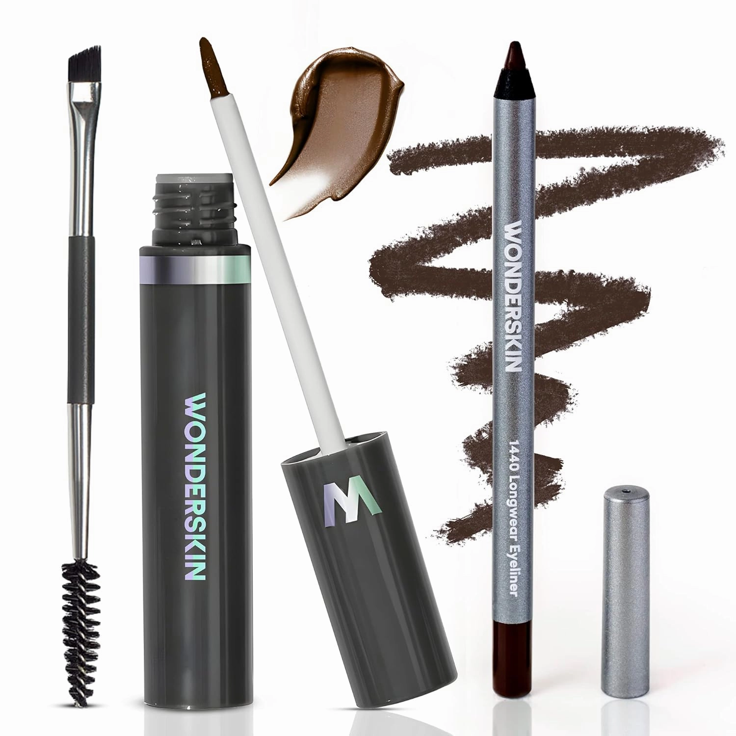 Wonderskin Dream Brow Eye Brow Gel Serum (Dark Brunette) and 1440 Longwear Pencil Eyeliner, Eye Makeup (Kalamata)