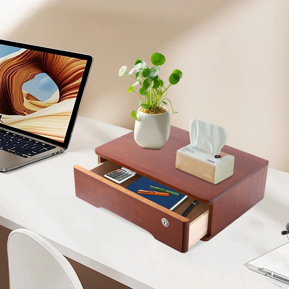 Wooden Desktop Storage Box Desk Organizer Desktop Flat File Cabinet Unit1 Lockable Drawer for Home Office School Supplies