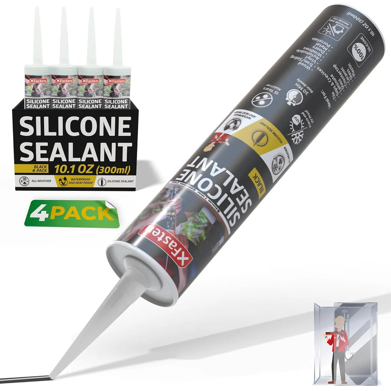 XFasten Silicone Sealant Waterproof Black Cartridge, 10.1 oz (4-Pack) Black Caulking Silicone Adhesive Sealant Cartridge for RV, General Use, Window, Door, Glass, Automotive Leak Sealing